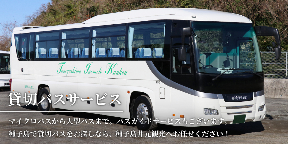 貸切バスサービス
マイクロバスから大型バスまで。バスガイドサービスもございます。
種子島で貸切バスをお探しなら、種子島井元観光へお任せください！